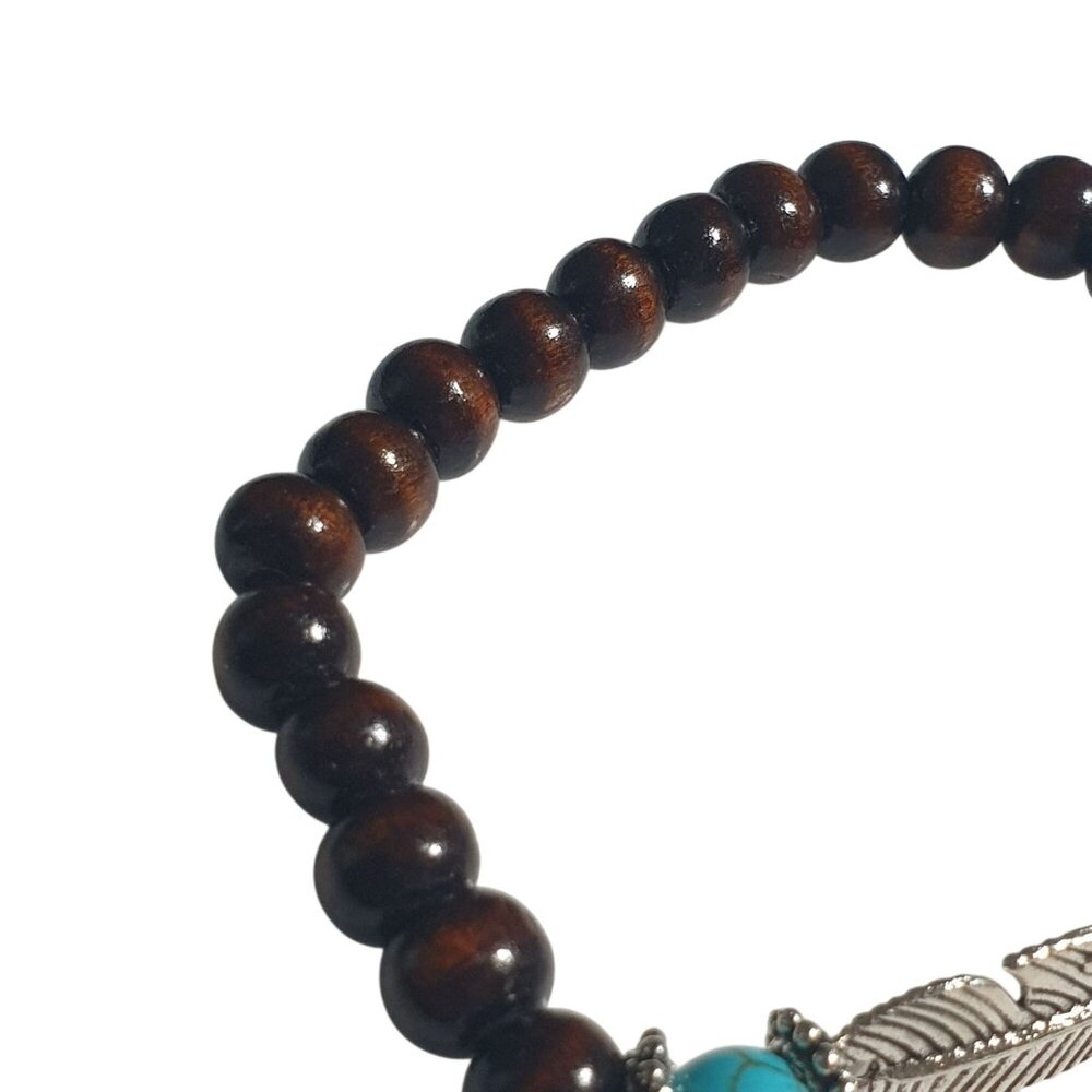 Brown Wood Beads Turquoise Accent Feather Pendant Stretch Bracelet Handmade Jewe - Picture 3 of 4